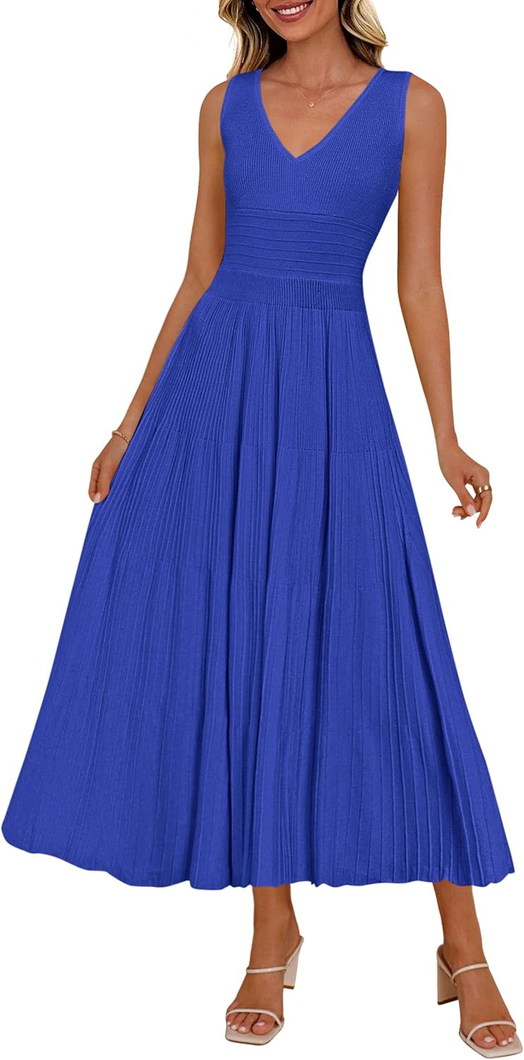 PRETTYGARDEN Women's Summer V Neck Pleated Midi Dress | Sleeveless A-Line Long Dresses, Elegant Semi Formal Spring Dress for Work, Wedding Guest, Cocktail, Casual Vacation Outfits