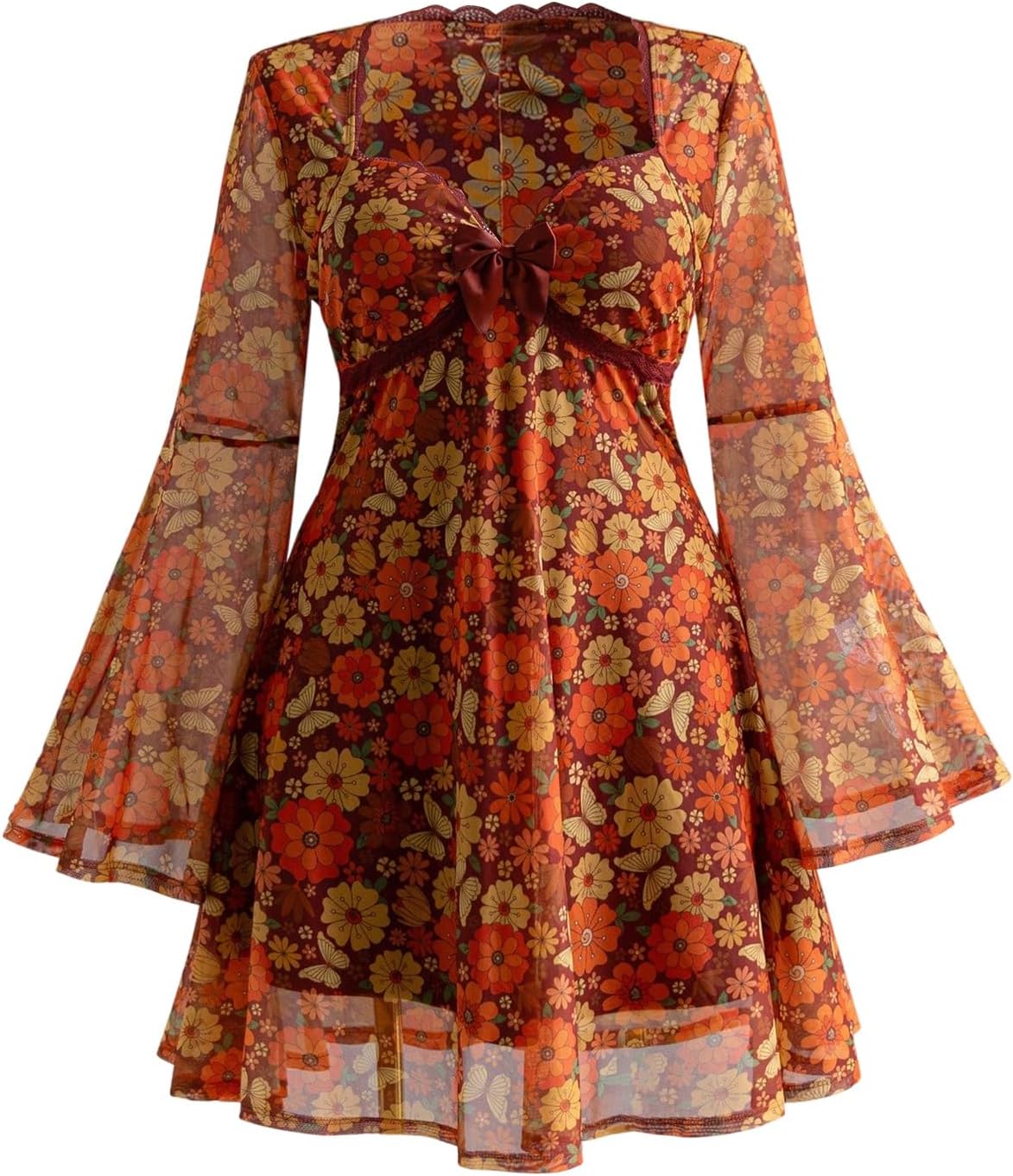 BEAUDRM Women's Plus Size Fall Hippie Boho Dress Lace Mini Dresses | Goth,Whimsical,Western,Leopard,Flowy,Party,Bell Long Sleeve,Country Concert 70s Outfits