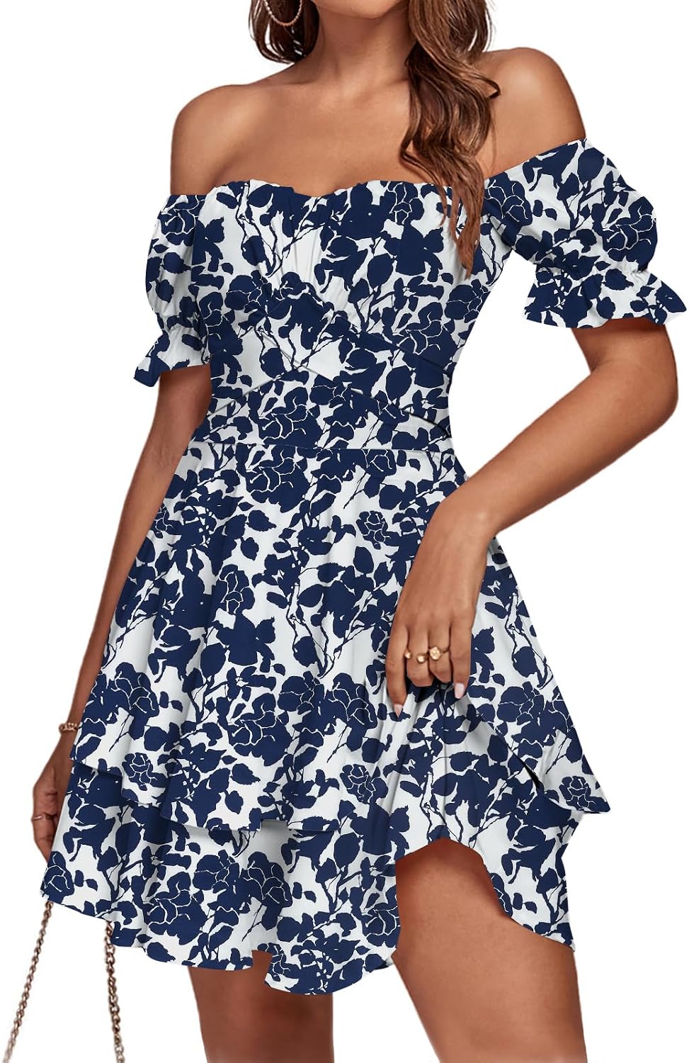 LYANER Women's Off Shoulder Casual Dress | Summer Tie Back Wrap Layer Ruffle A Line Short Sleeve Party Elegant Mini Dresses