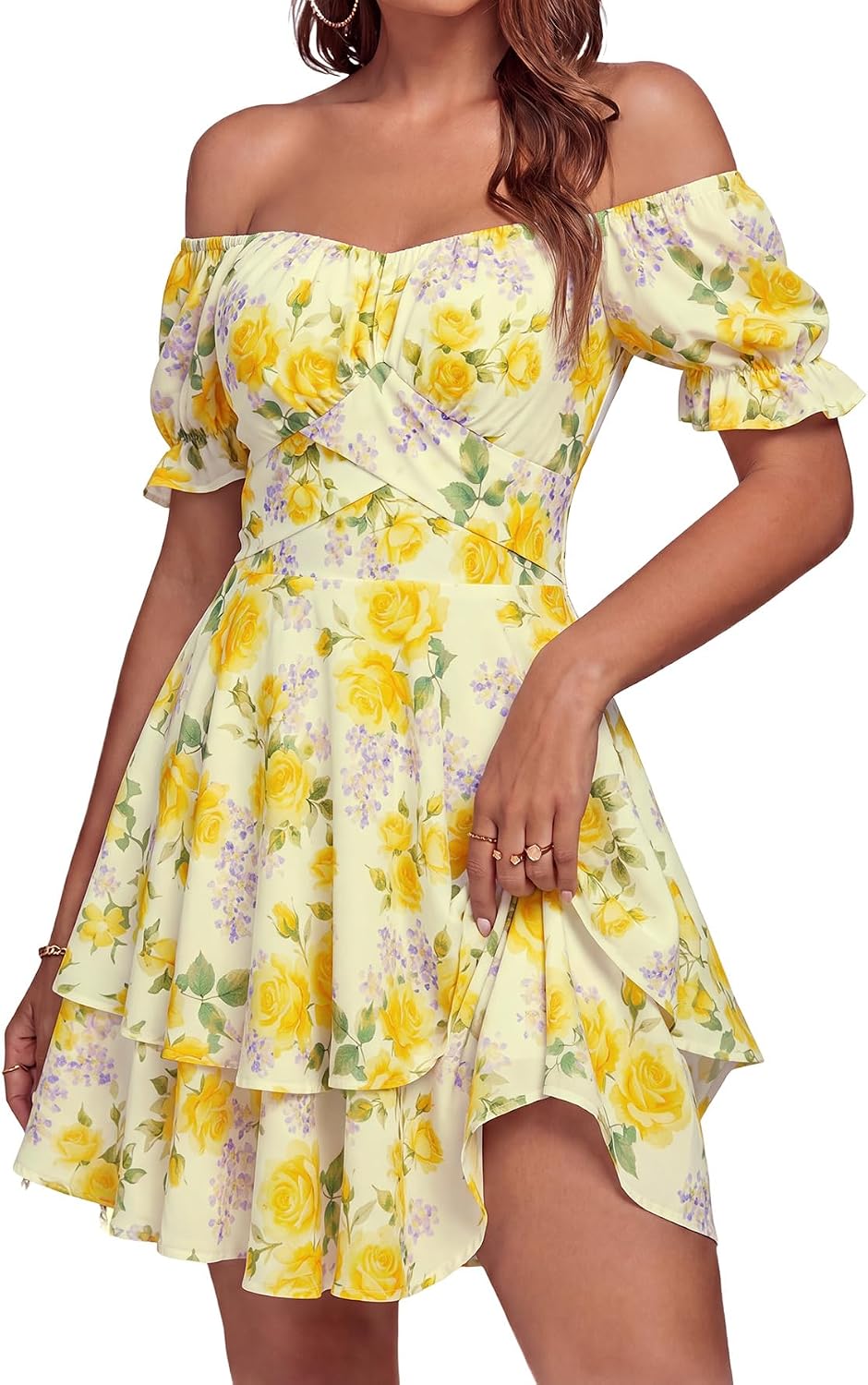 LYANER Women's Off Shoulder Casual Dress | Summer Tie Back Wrap Layer Ruffle A Line Short Sleeve Party Elegant Mini Dresses