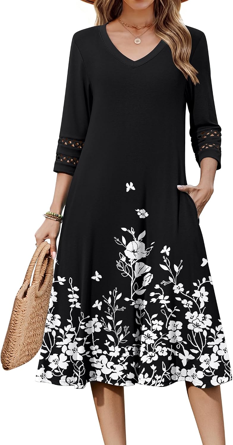 Eyelet V-Neck 3/4-Sleeve A-Line Midi Dress, print style SF100