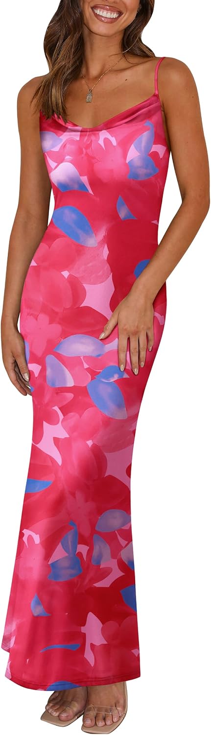 Floral Spaghetti-Strap Bodycon Maxi Dress in Rose Red