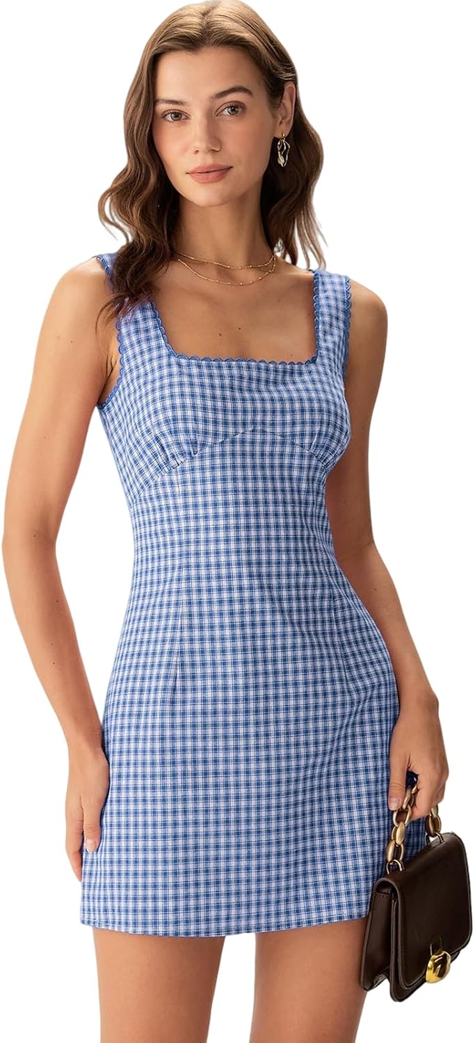 Plaid Square-Neck Sleeveless A-Line Mini Dress in Blue