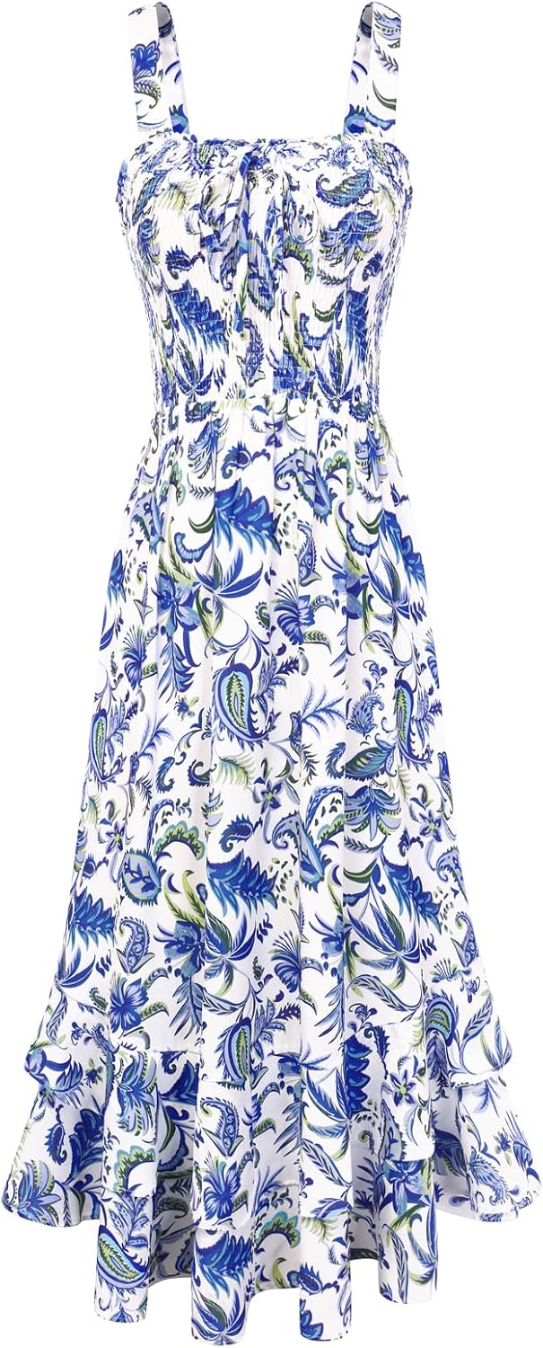 GRACE KARIN Women's 2026 Summer Floral Boho Dresses | Square Neck Strapped Swing A Line Sundress, Long Maxi Beach Dress Outfits, Sleeveless Hawaiian Trendy Fashion Clothes