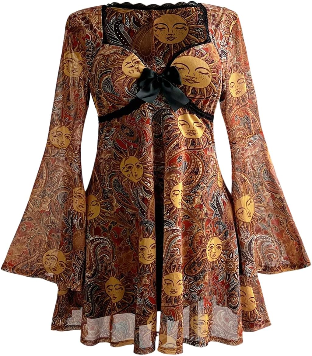 BEAUDRM Women's Plus Size Fall Hippie Boho Dress Lace Mini Dresses | Goth,Whimsical,Western,Leopard,Flowy,Party,Bell Long Sleeve,Country Concert 70s Outfits