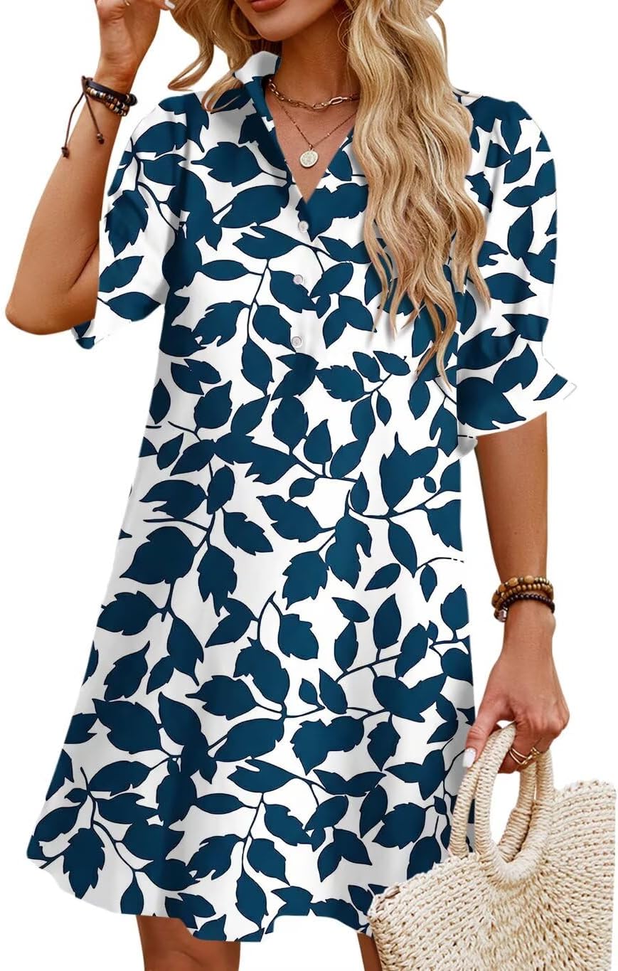 JPGLOV Womens Summer Shirt Mini Beach Dresses | Button Down Shift Dress,Ruffle Short Sleeve,Floral Boho Style,Side Pockets,Casual Vacation Hawaiian Wedding Guest Outfits