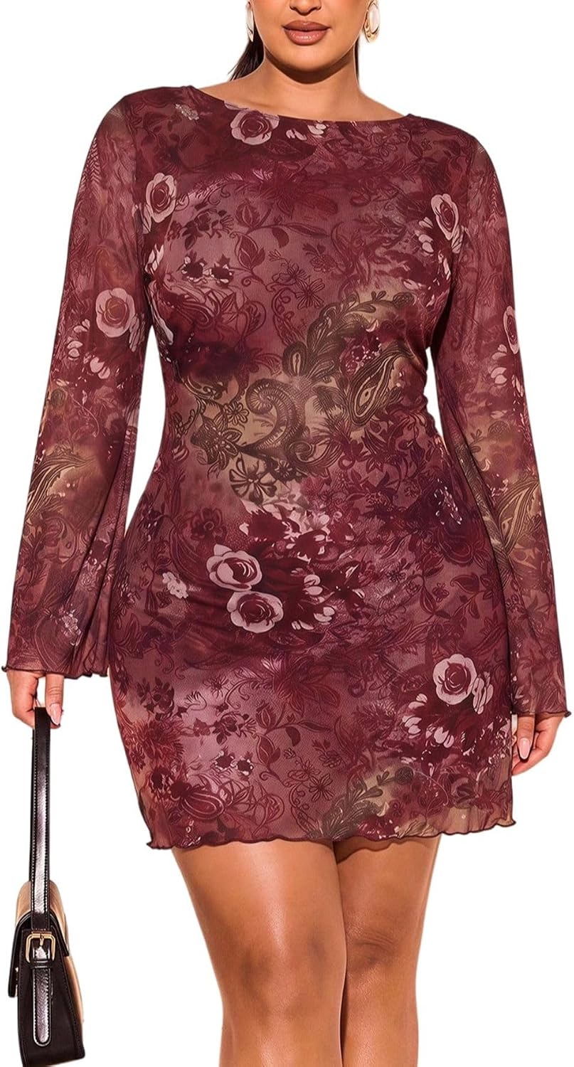 BEAUDRM Women's Plus Size Sexy Mini Dress Fall Wedding Guest Dresses | Date Night Outfit, Club Outfits, Going Out Outfits, Bell Sleeve Cocktail Dress