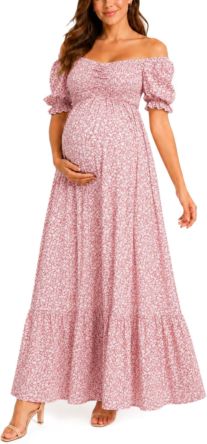 Floral Off-Shoulder Puff-Sleeve A-Line Maxi Dress in Pink Floral