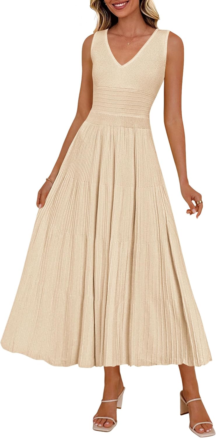 PRETTYGARDEN Women's Summer V Neck Pleated Midi Dress | Sleeveless A-Line Long Dresses, Elegant Semi Formal Spring Dress for Work, Wedding Guest, Cocktail, Casual Vacation Outfits