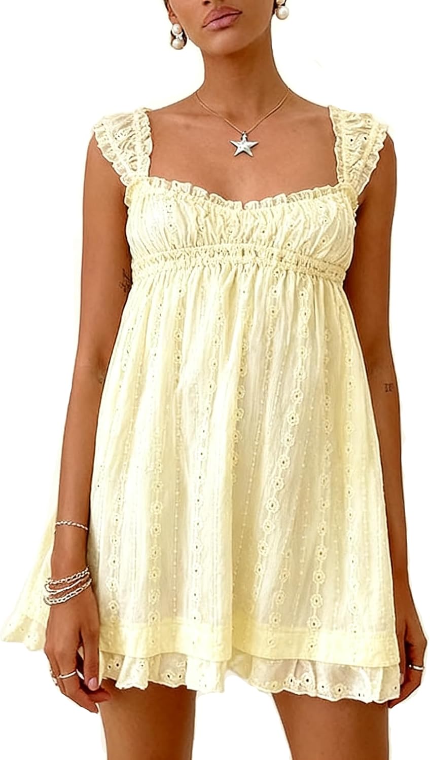 Spaghetti-Strap Babydoll Mini Dress in Light Yellow