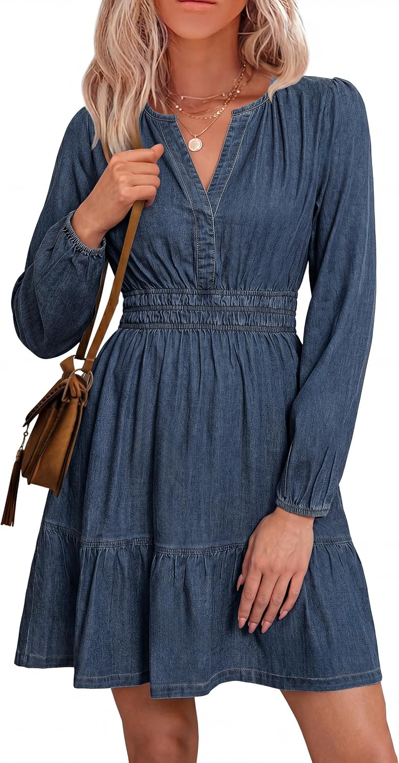 Simplee Womens Denim Dress Long Sleeve Western Cowgirl Jean Fall Mini Dress | Casual Denim Dresses, Country Concert Outfits for Women, V Neck Empire Waist, Ruffle A Line, with Pockets