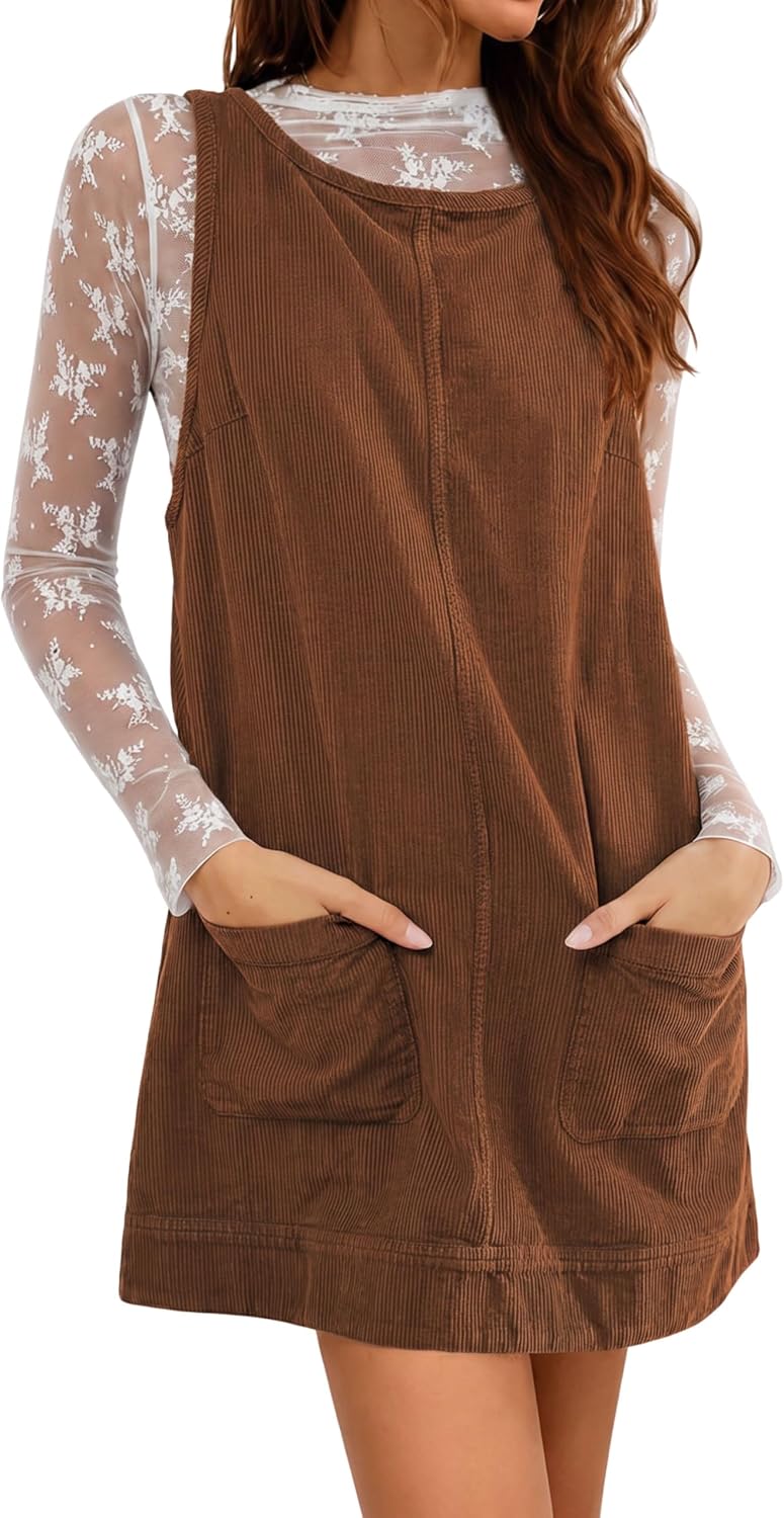 Hooever Women's Corduroy Overall Dress Round Neck A Line Skirtall Jumper Mini Dress Pinafore with Pockets