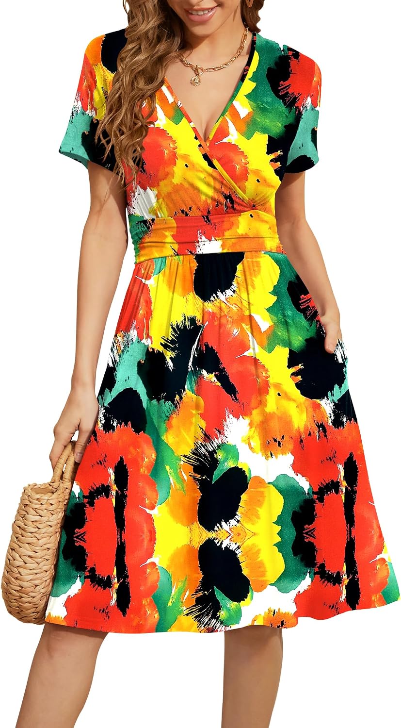 WEACZZY Women's Summer Short Sleeve Casual Dresses V-Neck Floral Party Dress with Pockets