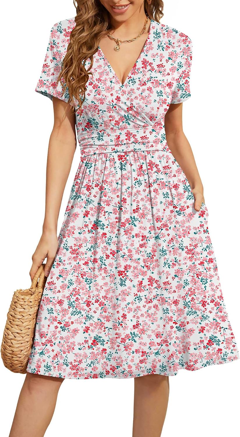 WEACZZY Women's Summer Short Sleeve Casual Dresses V-Neck Floral Party Dress with Pockets