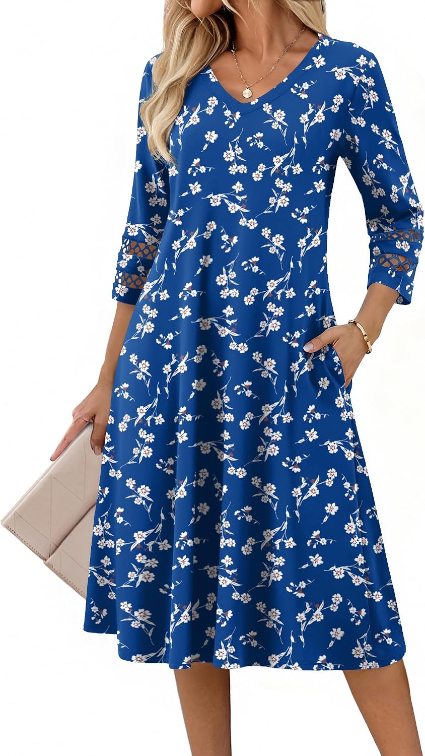 Eyelet V-Neck 3/4-Sleeve A-Line Midi Dress, print style SP108