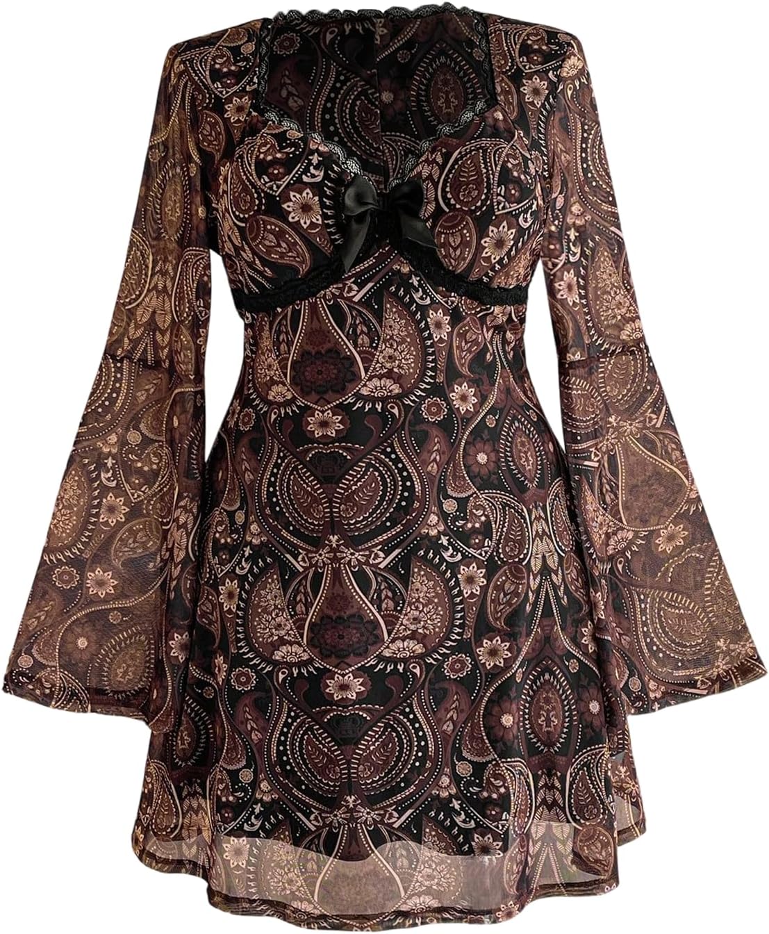 BEAUDRM Women's Plus Size Fall Hippie Boho Dress Lace Mini Dresses | Goth,Whimsical,Western,Leopard,Flowy,Party,Bell Long Sleeve,Country Concert 70s Outfits