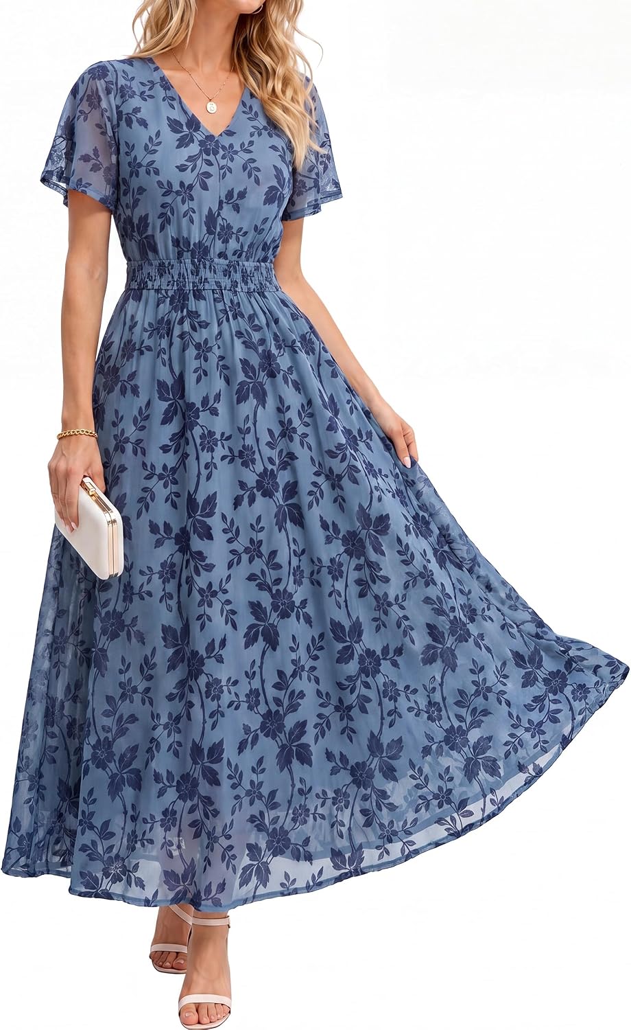 Simplee Womens Formal Fall Floral Mesh Wedding Guest Maxi Dresses | Elegant Flocked Velvet, Stretch Fabric, Short Sleeve, Summer Boho Flowy, Empire Waist, Cocktail Holiday Party Semi Formal