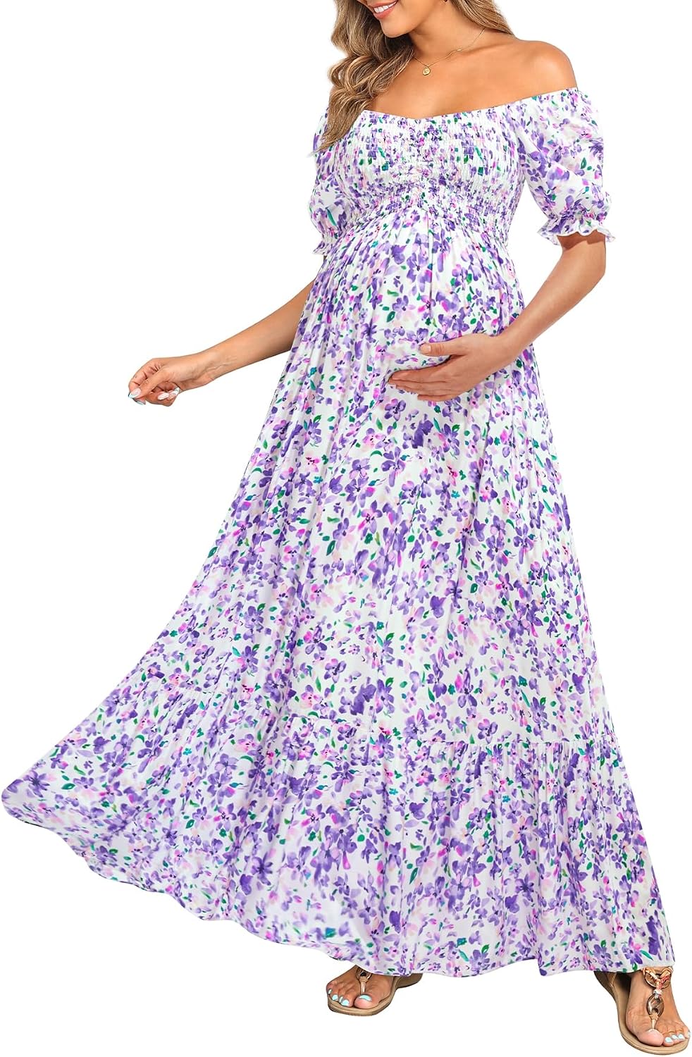 Floral Off-Shoulder Puff-Sleeve A-Line Maxi Dress in Purple Floral