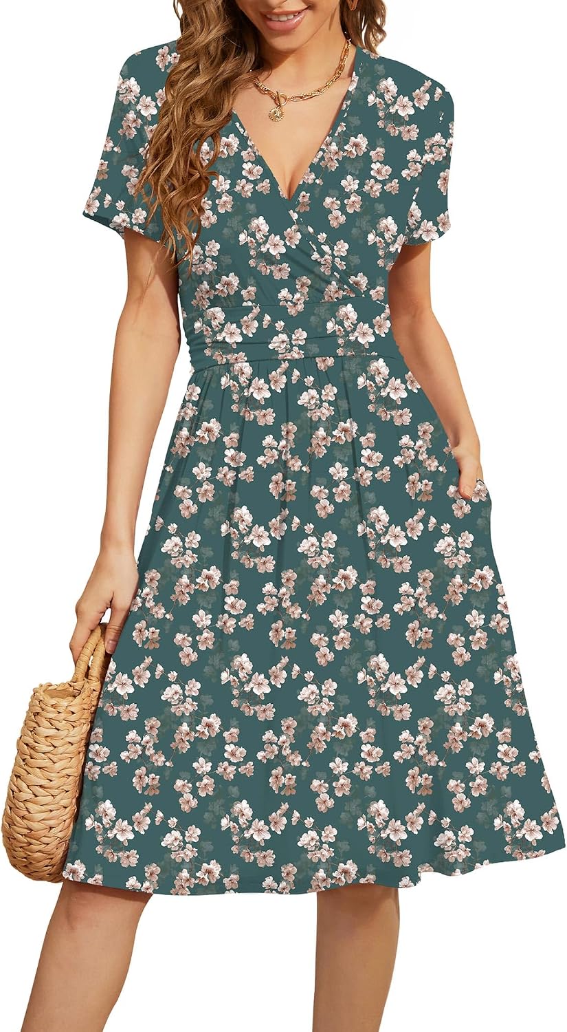 WEACZZY Women's Summer Short Sleeve Casual Dresses V-Neck Floral Party Dress with Pockets