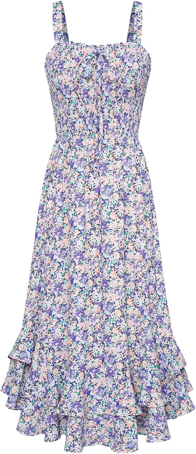 GRACE KARIN Women's 2026 Summer Floral Boho Dresses | Square Neck Strapped Swing A Line Sundress, Long Maxi Beach Dress Outfits, Sleeveless Hawaiian Trendy Fashion Clothes