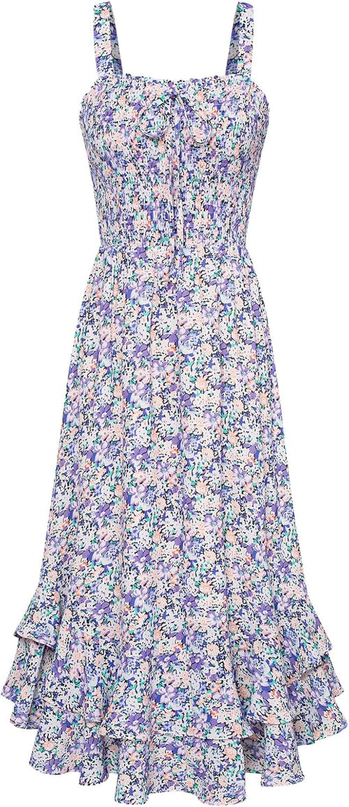 GRACE KARIN Women's 2026 Summer Floral Boho Dresses | Square Neck Strapped Swing A Line Sundress, Long Maxi Beach Dress Outfits, Sleeveless Hawaiian Trendy Fashion Clothes