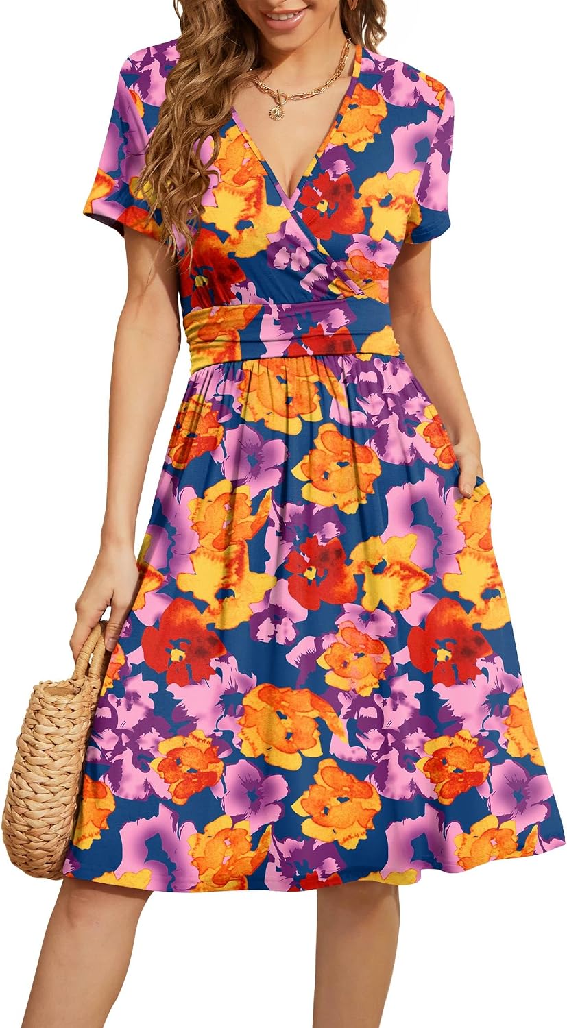 WEACZZY Women's Summer Short Sleeve Casual Dresses V-Neck Floral Party Dress with Pockets