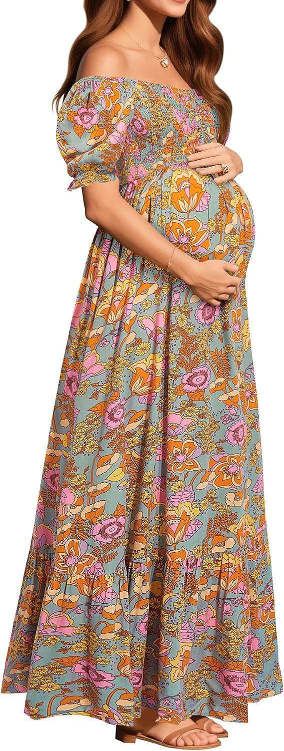 Floral Off-Shoulder Puff-Sleeve A-Line Maxi Dress in Grey Green