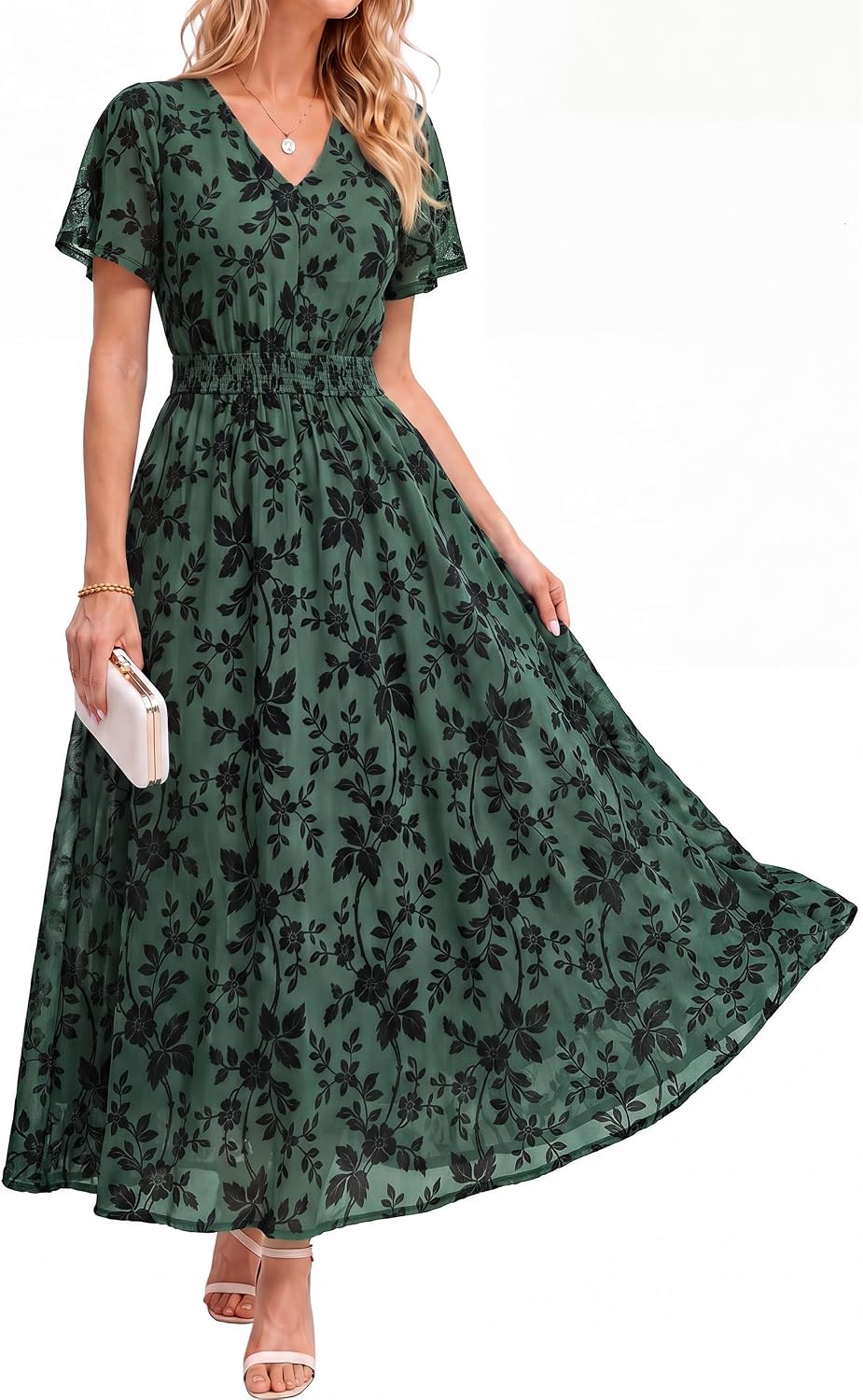 Simplee Womens Formal Fall Floral Mesh Wedding Guest Maxi Dresses | Elegant Flocked Velvet, Stretch Fabric, Short Sleeve, Summer Boho Flowy, Empire Waist, Cocktail Holiday Party Semi Formal