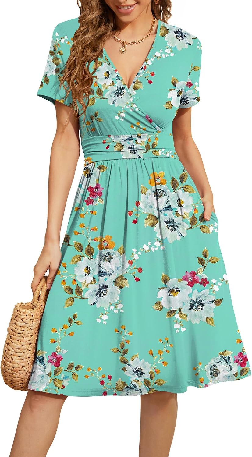 WEACZZY Women's Summer Short Sleeve Casual Dresses V-Neck Floral Party Dress with Pockets
