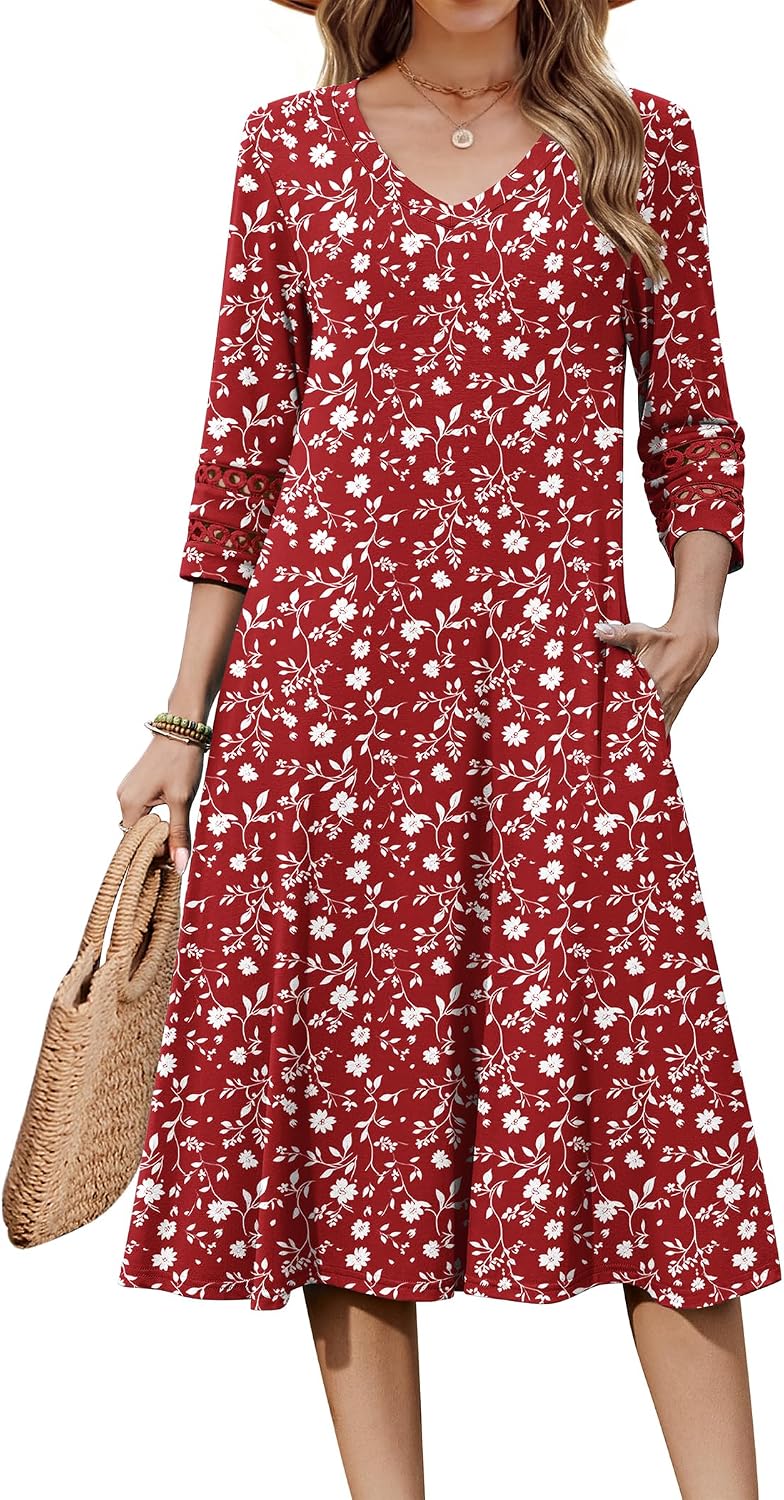 Eyelet V-Neck 3/4-Sleeve A-Line Midi Dress, print style XH268