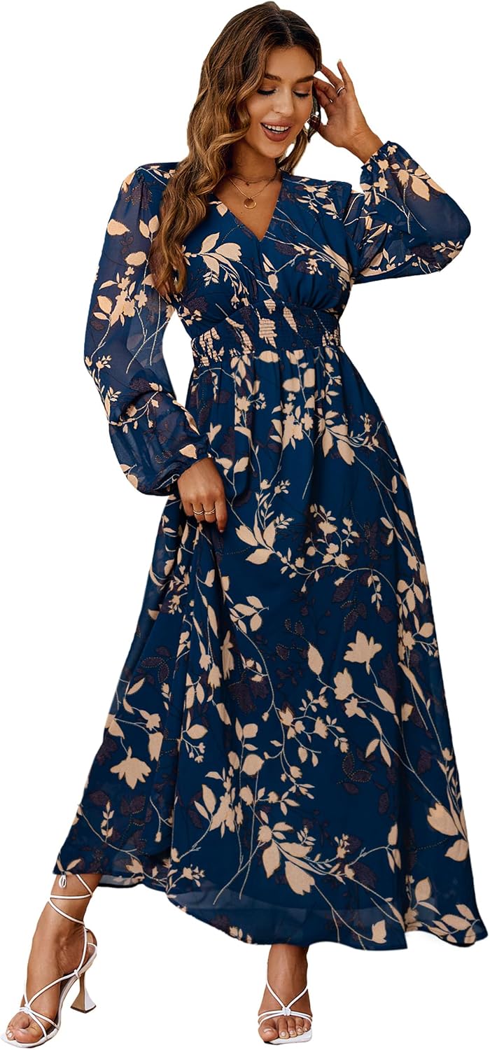 Floral V-Neck Short-Sleeve Maxi Dress in Lake Blue Long Sleeve