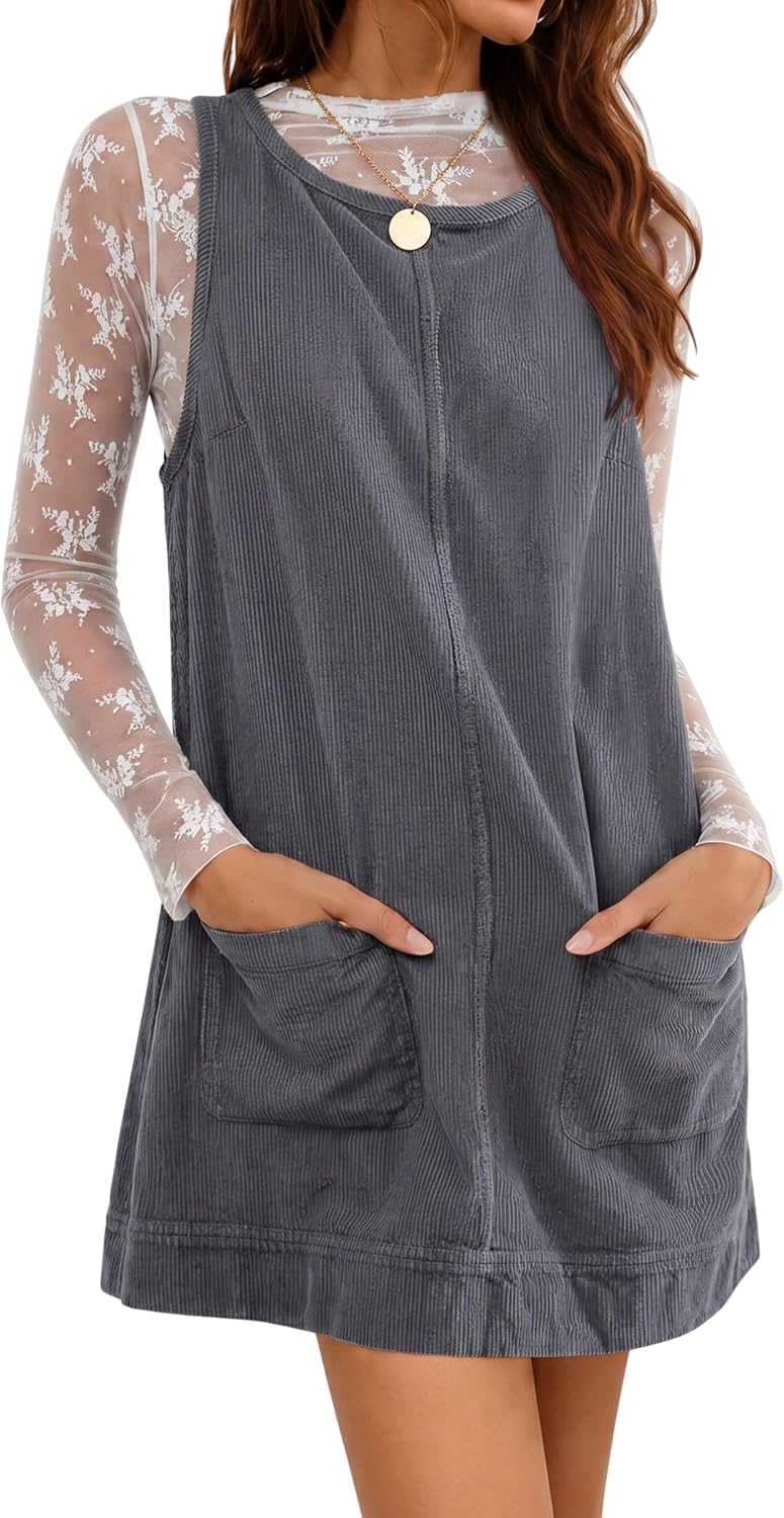 Hooever Women's Corduroy Overall Dress Round Neck A Line Skirtall Jumper Mini Dress Pinafore with Pockets