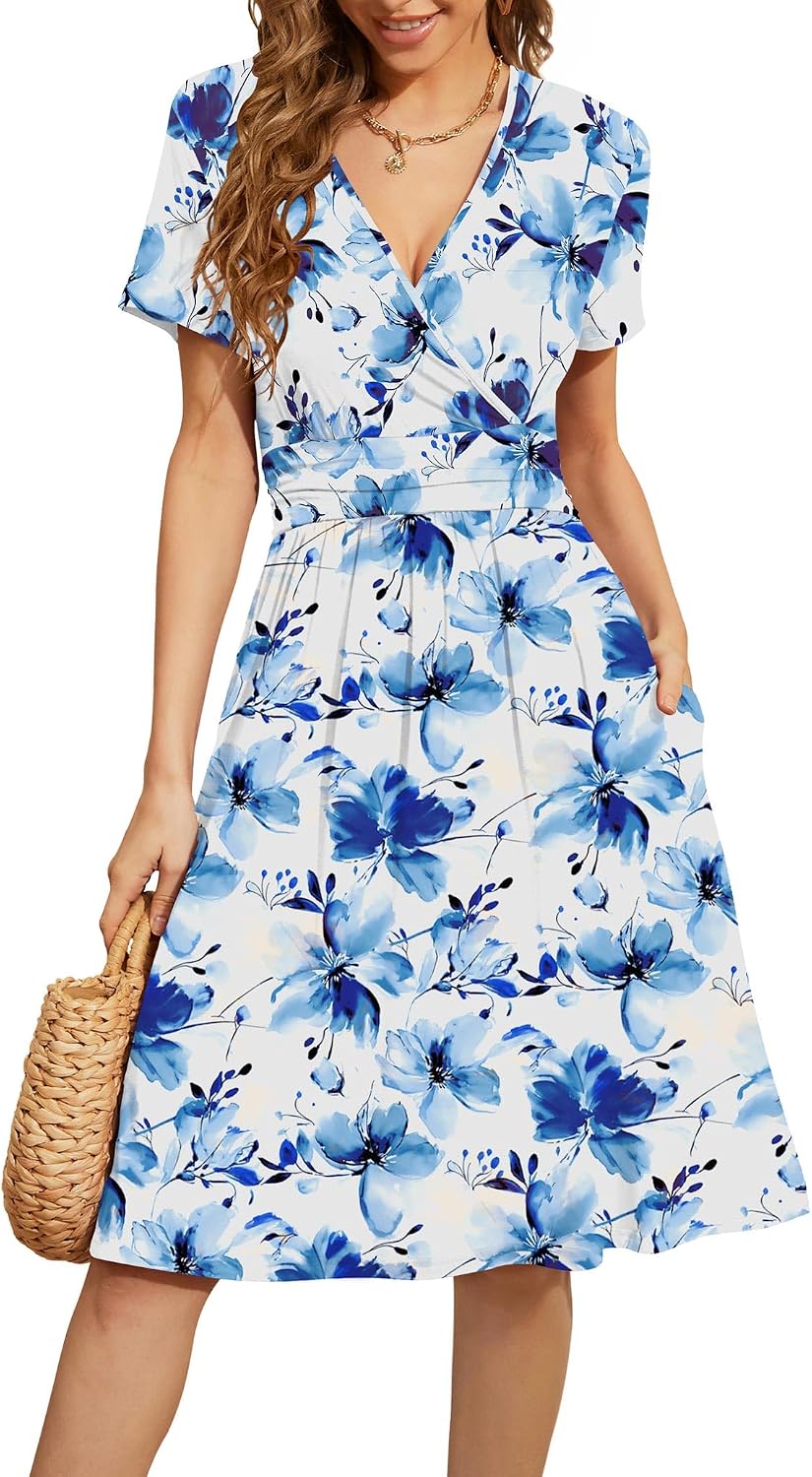 WEACZZY Women's Summer Short Sleeve Casual Dresses V-Neck Floral Party Dress with Pockets