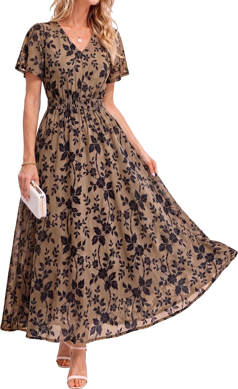 Simplee Womens Formal Fall Floral Mesh Wedding Guest Maxi Dresses | Elegant Flocked Velvet, Stretch Fabric, Short Sleeve, Summer Boho Flowy, Empire Waist, Cocktail Holiday Party Semi Formal