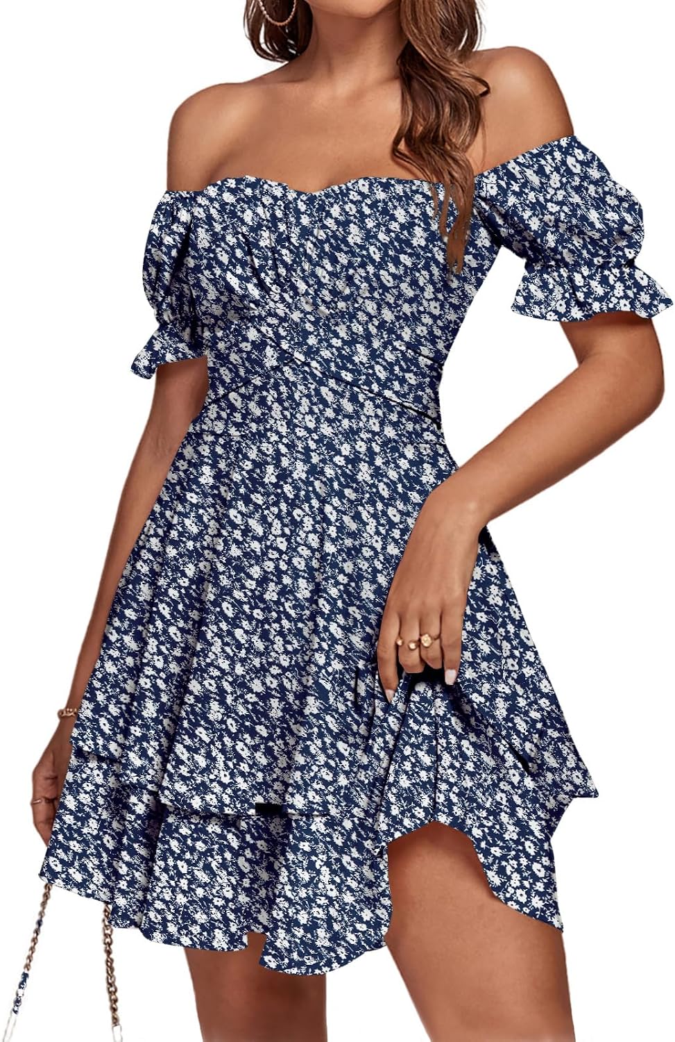 LYANER Women's Off Shoulder Casual Dress | Summer Tie Back Wrap Layer Ruffle A Line Short Sleeve Party Elegant Mini Dresses
