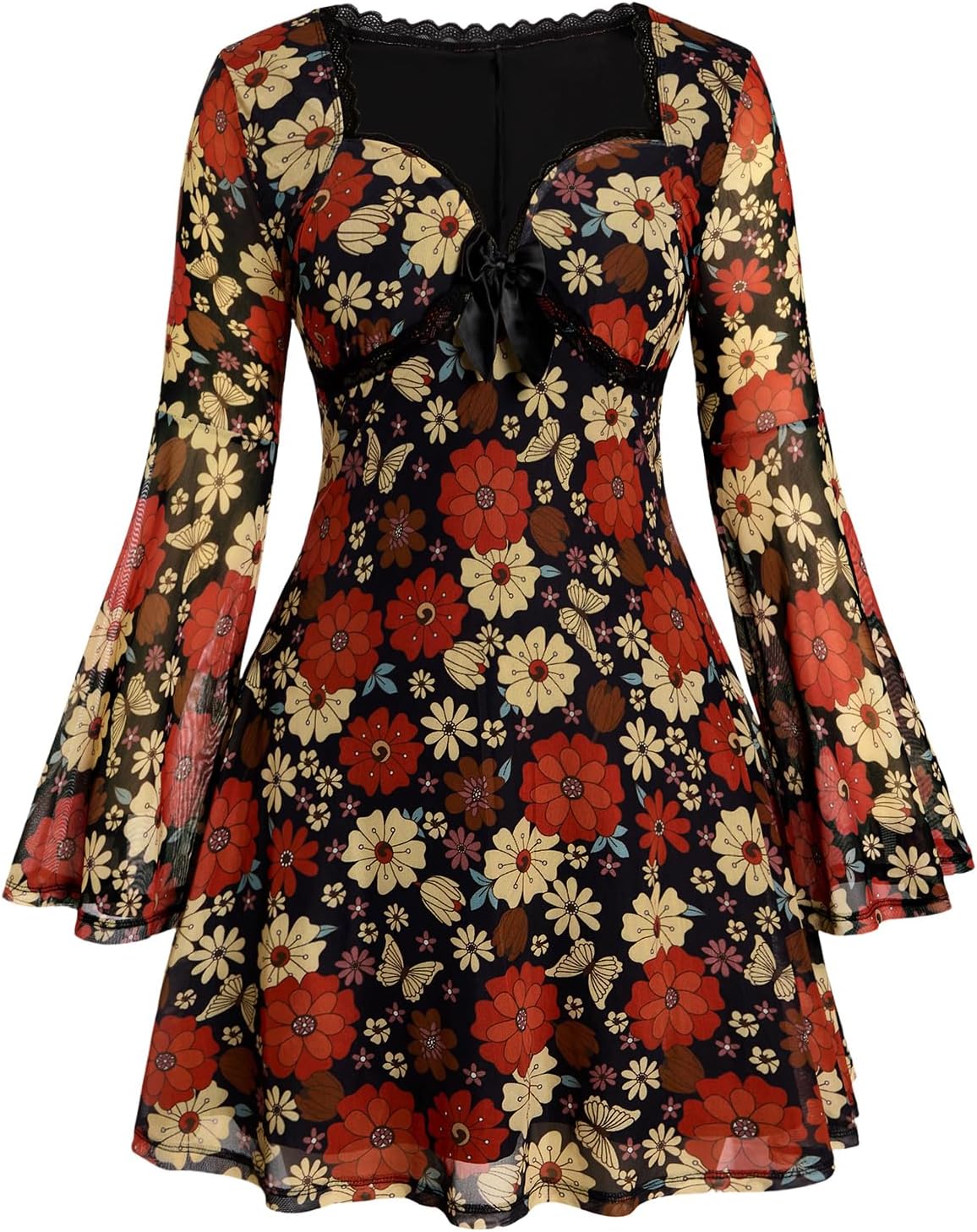BEAUDRM Women's Plus Size Fall Hippie Boho Dress Lace Mini Dresses | Goth,Whimsical,Western,Leopard,Flowy,Party,Bell Long Sleeve,Country Concert 70s Outfits