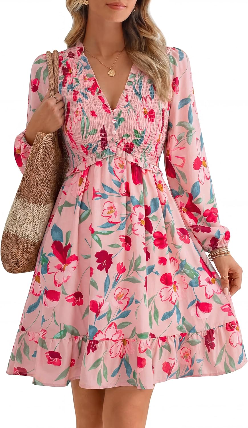 Floral Long-Sleeve Mini Dress in Floral Pink