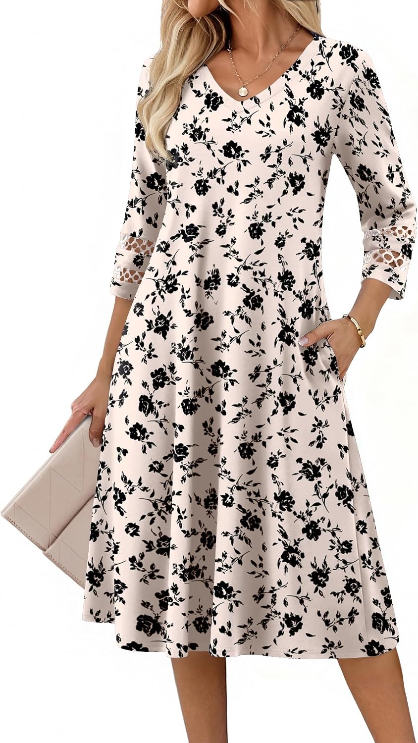 Eyelet V-Neck 3/4-Sleeve A-Line Midi Dress, print style SF239