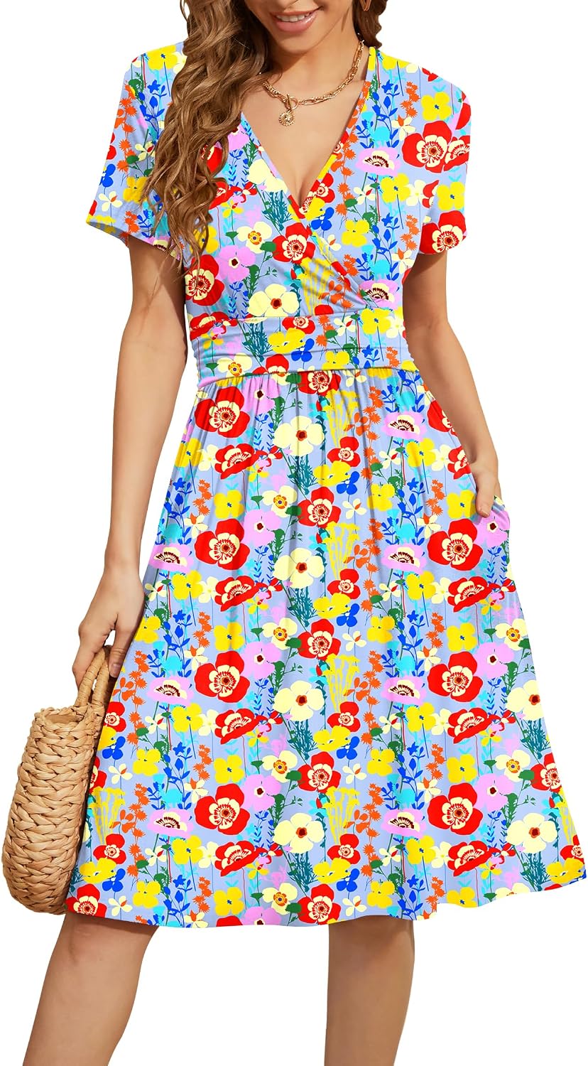 WEACZZY Women's Summer Short Sleeve Casual Dresses V-Neck Floral Party Dress with Pockets