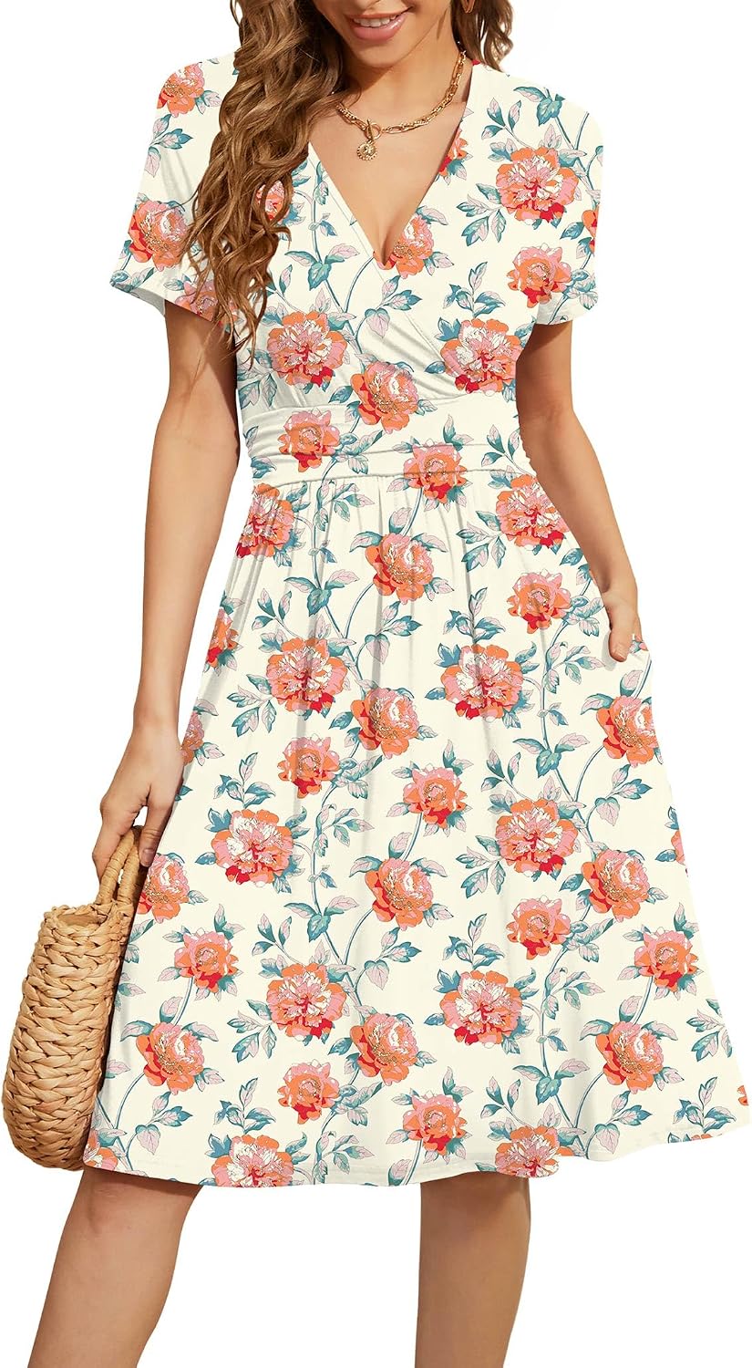 WEACZZY Women's Summer Short Sleeve Casual Dresses V-Neck Floral Party Dress with Pockets