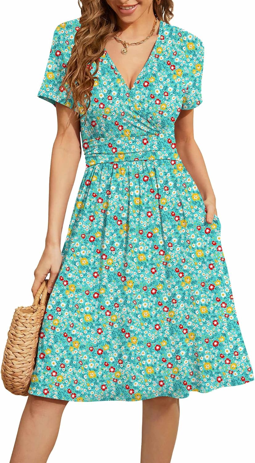 WEACZZY Women's Summer Short Sleeve Casual Dresses V-Neck Floral Party Dress with Pockets