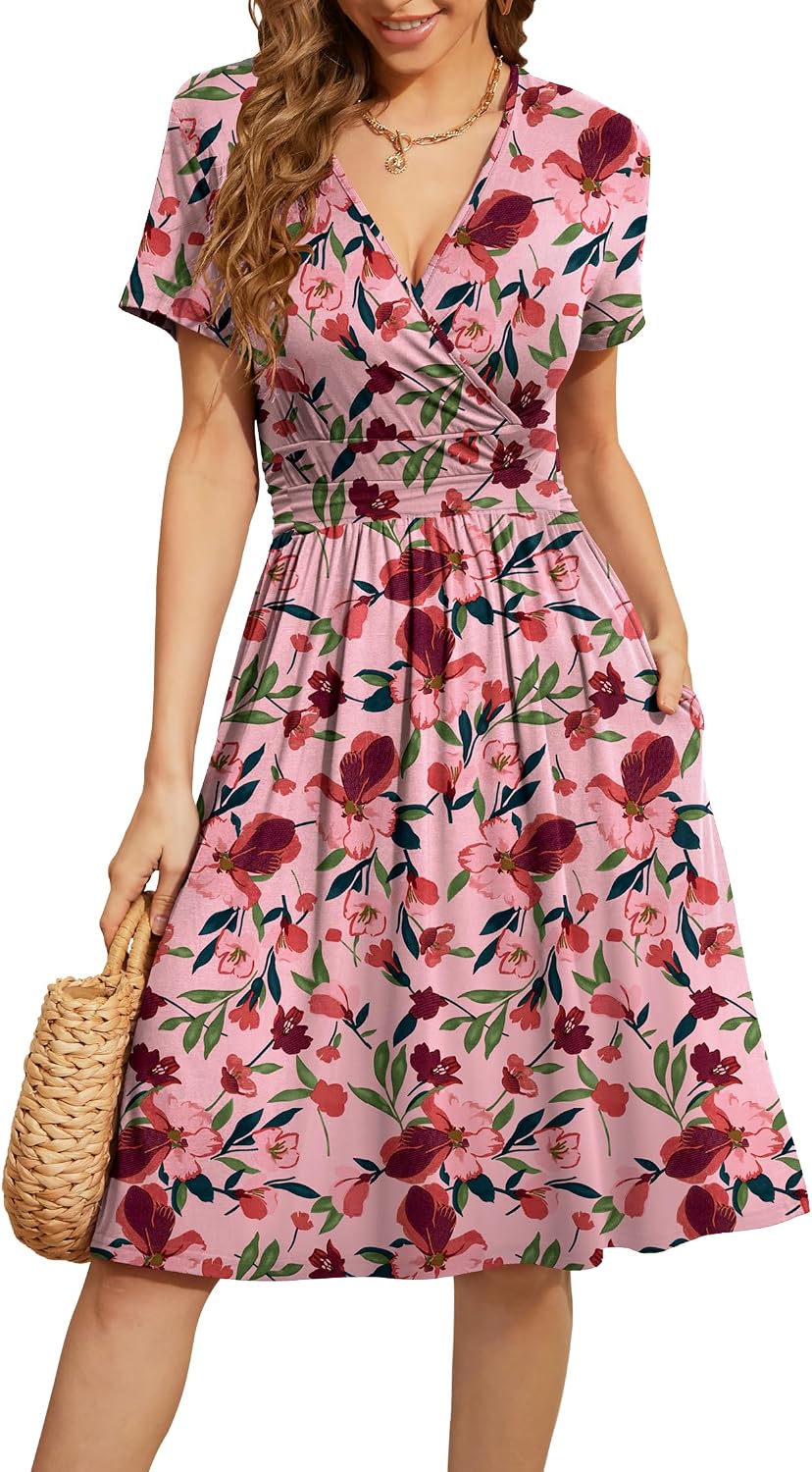 WEACZZY Women's Summer Short Sleeve Casual Dresses V-Neck Floral Party Dress with Pockets