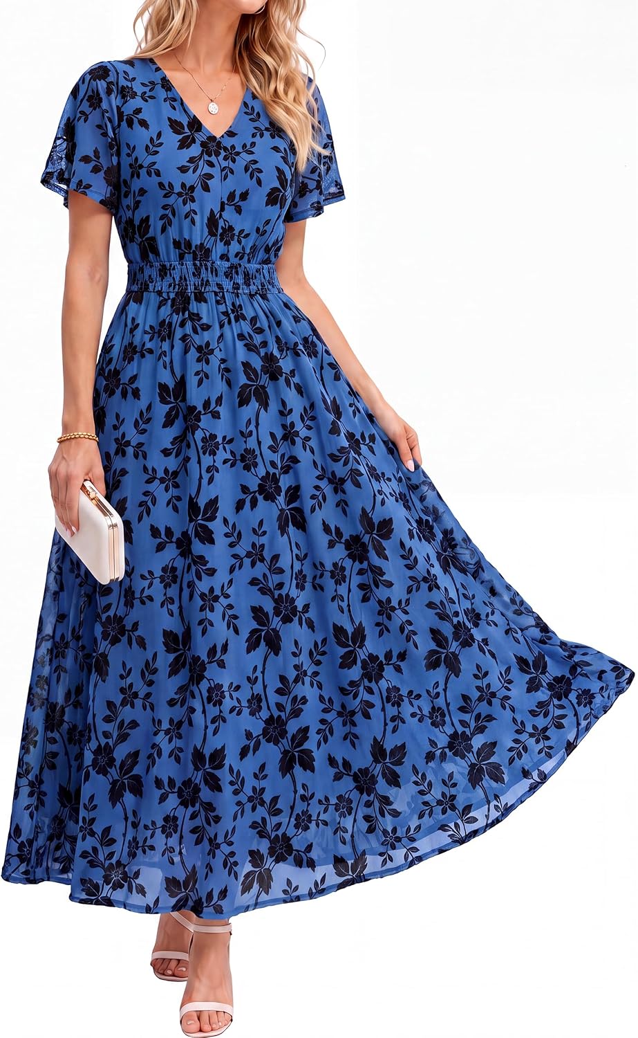 Simplee Womens Formal Fall Floral Mesh Wedding Guest Maxi Dresses | Elegant Flocked Velvet, Stretch Fabric, Short Sleeve, Summer Boho Flowy, Empire Waist, Cocktail Holiday Party Semi Formal