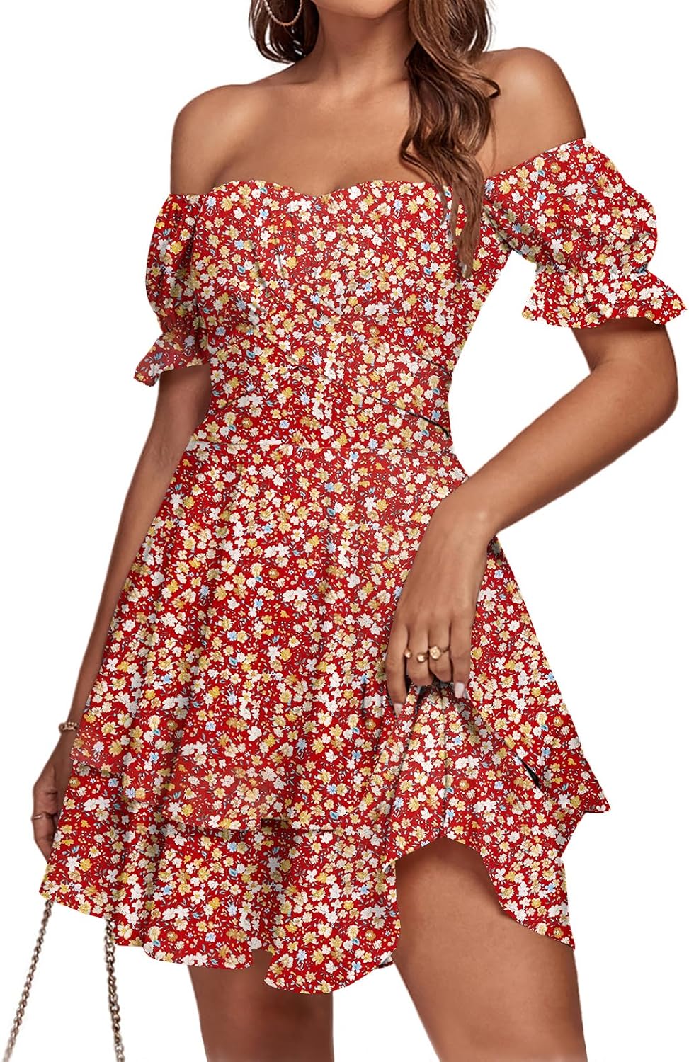 LYANER Women's Off Shoulder Casual Dress | Summer Tie Back Wrap Layer Ruffle A Line Short Sleeve Party Elegant Mini Dresses
