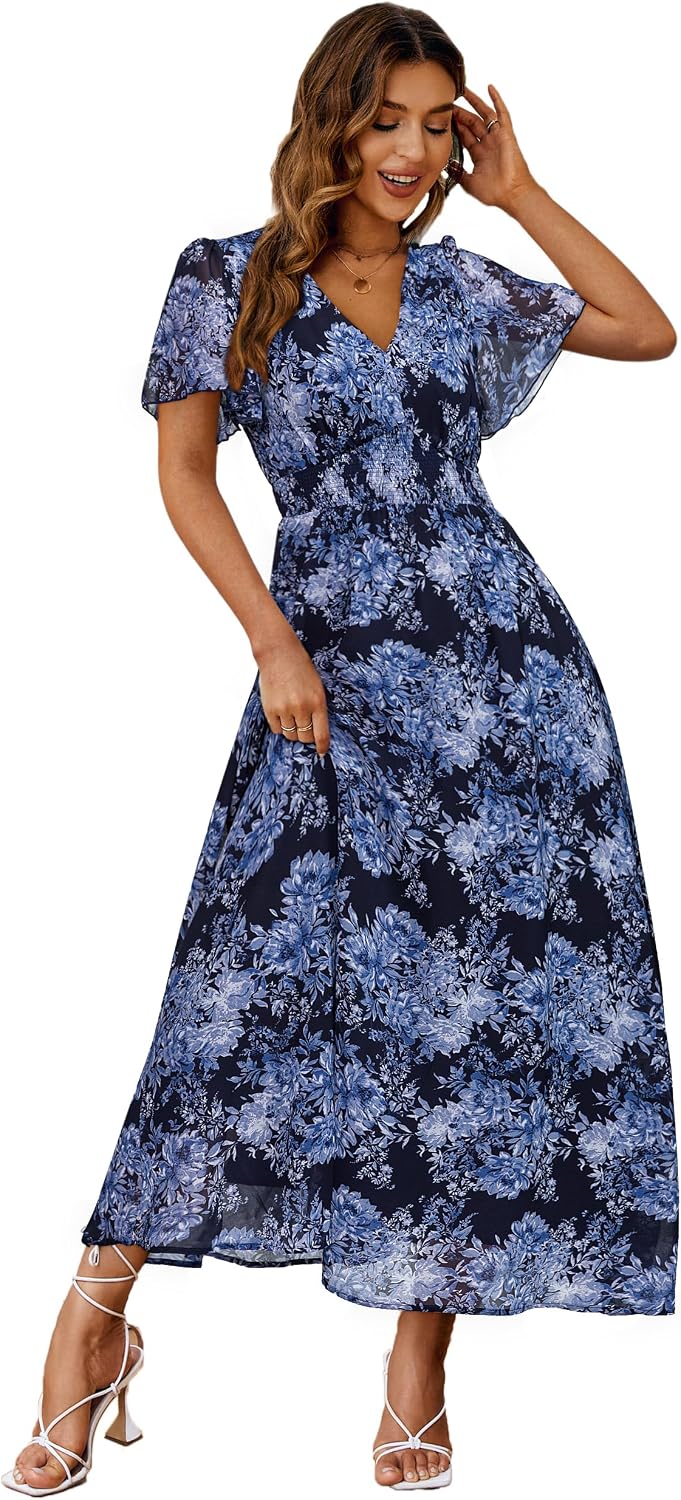 Floral V-Neck Short-Sleeve Maxi Dress in Black Purple