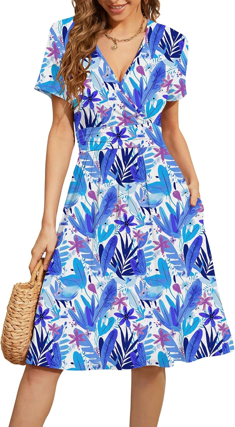 WEACZZY Women's Summer Short Sleeve Casual Dresses V-Neck Floral Party Dress with Pockets