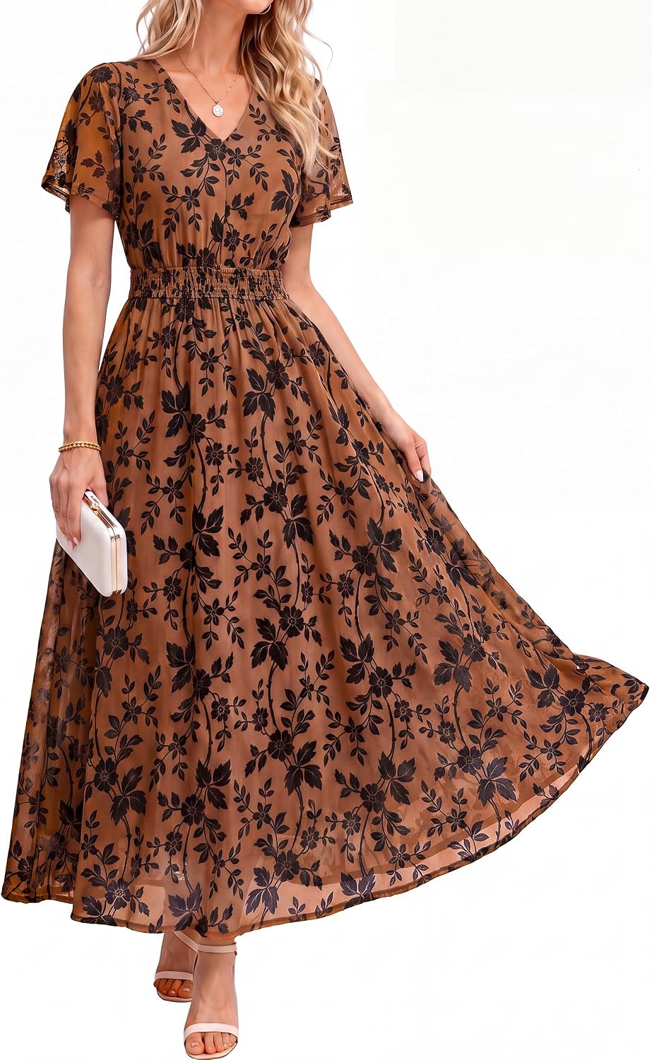 Simplee Womens Formal Fall Floral Mesh Wedding Guest Maxi Dresses | Elegant Flocked Velvet, Stretch Fabric, Short Sleeve, Summer Boho Flowy, Empire Waist, Cocktail Holiday Party Semi Formal