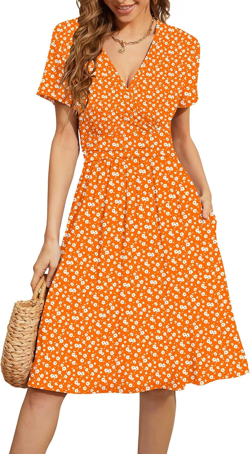 WEACZZY Women's Summer Short Sleeve Casual Dresses V-Neck Floral Party Dress with Pockets
