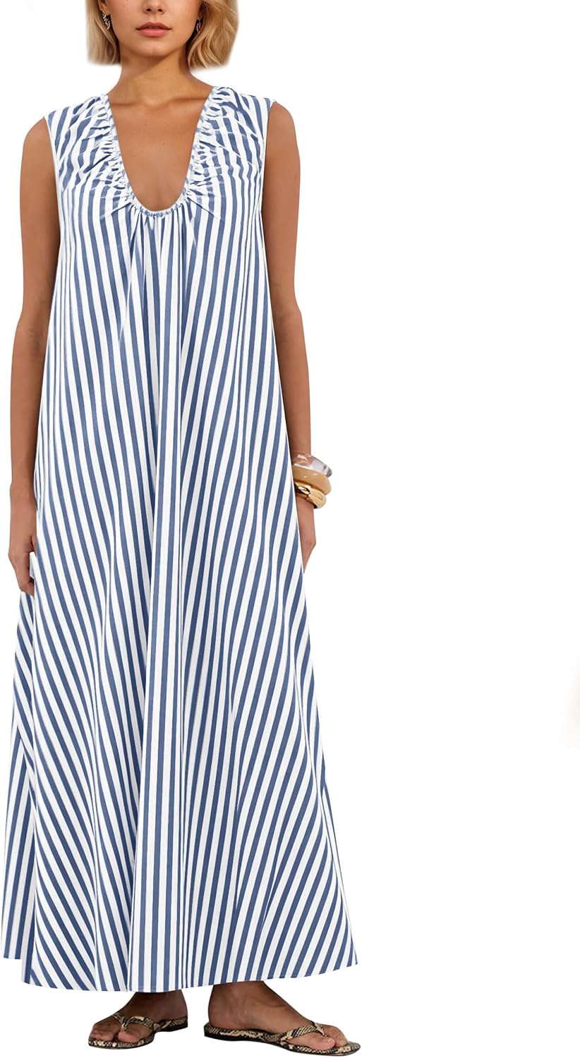 Ardrem Women Sleeveless Ruched Maxi Dress Scoop Neck Long Elegant Dresses Wide Shoulder Strap Blouse Dress with Side Pockets
