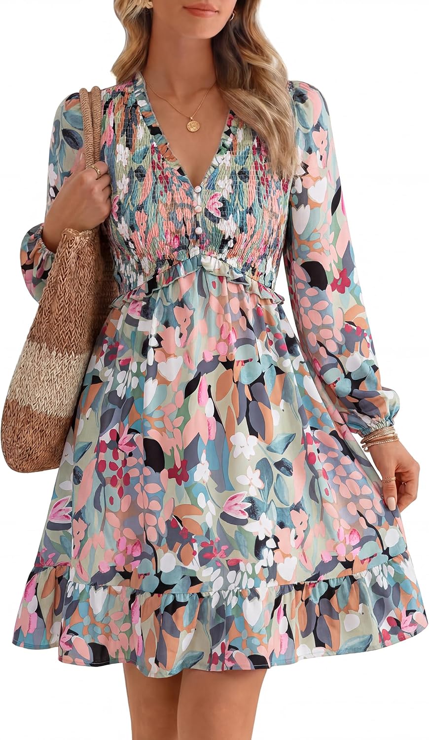 Floral Long-Sleeve Mini Dress in Floral Green Pink